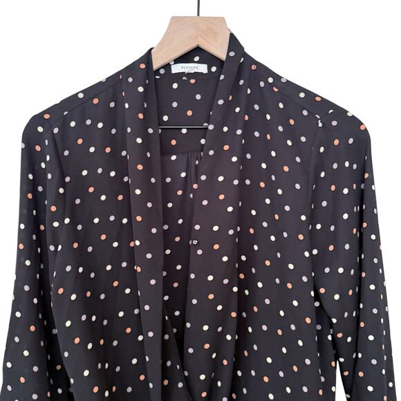 PLEIONE Navy Blue Polka Dot Deep V Neck Open Ruched Long Sleeve Sheer Blouse - Picture 3 of 7